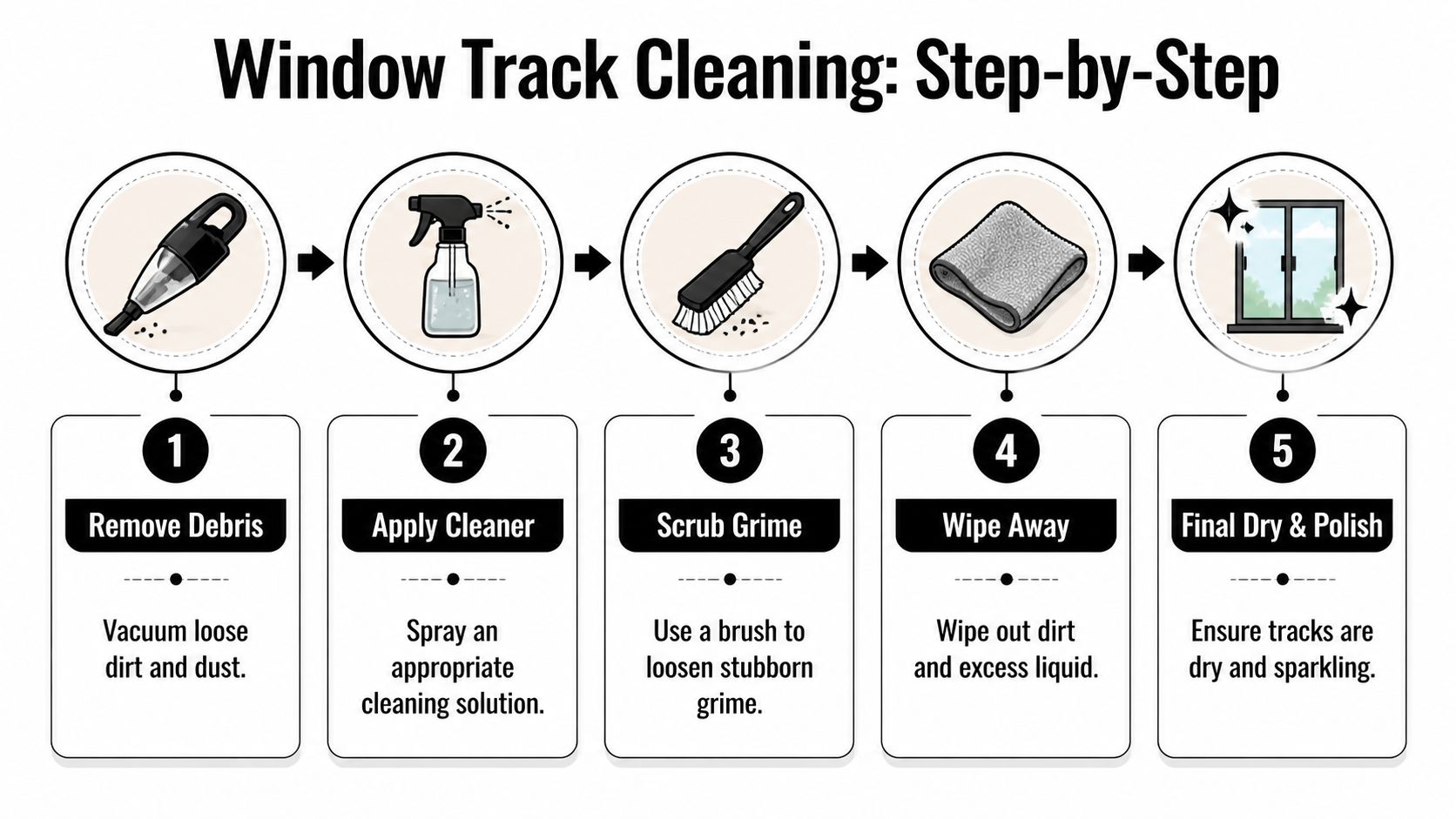 A five-step infographic showing how to clean window tracks using a vacuum, cleaner, brush, and cloth.