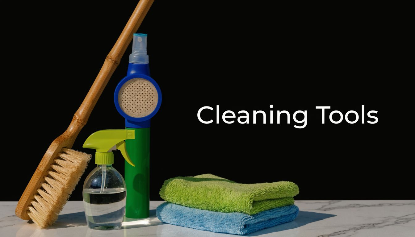 A collection of cleaning tools including a wooden brush, spray bottle, and folded colorful microfiber towels.