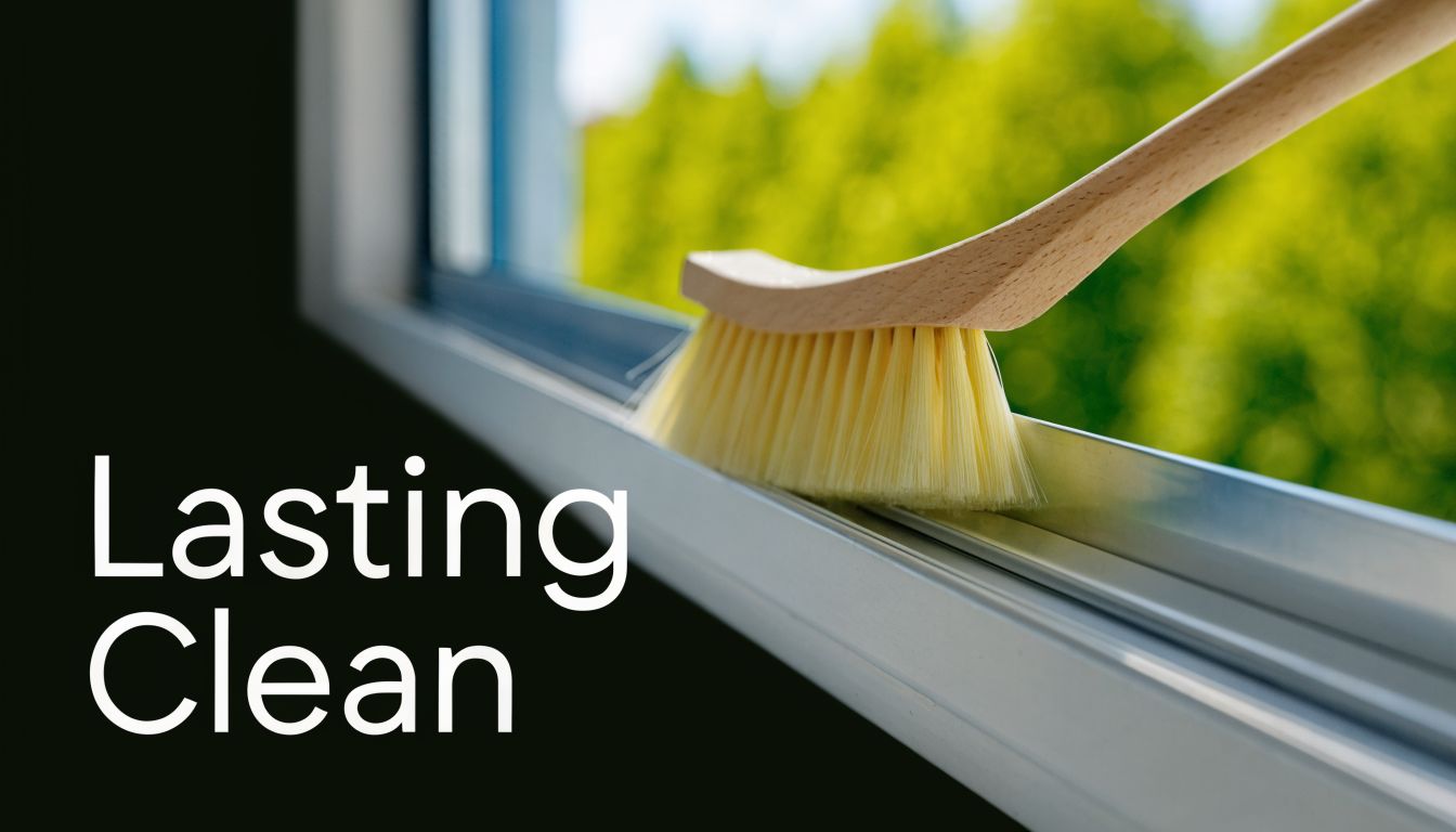 A wooden brush cleaning the metal tracks of a window against a blurred green outdoor background.
