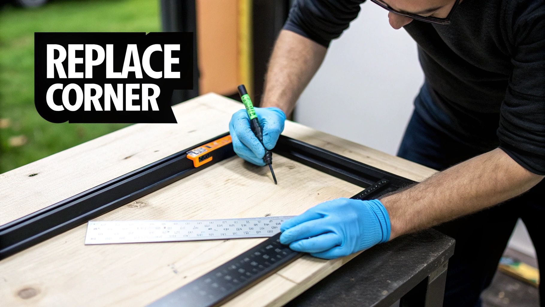 A person wearing blue gloves marks a black frame on a wooden workbench with a pen, using metal rulers.