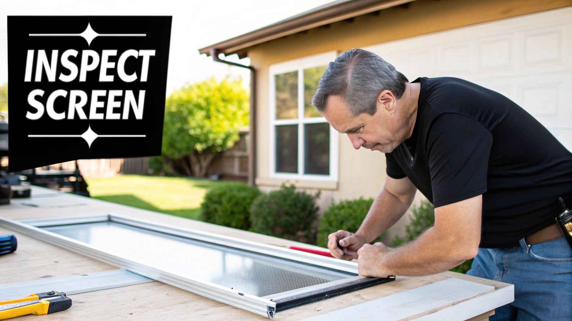 A man carefully works on a window screen frame outdoors with tools on a sunny day.