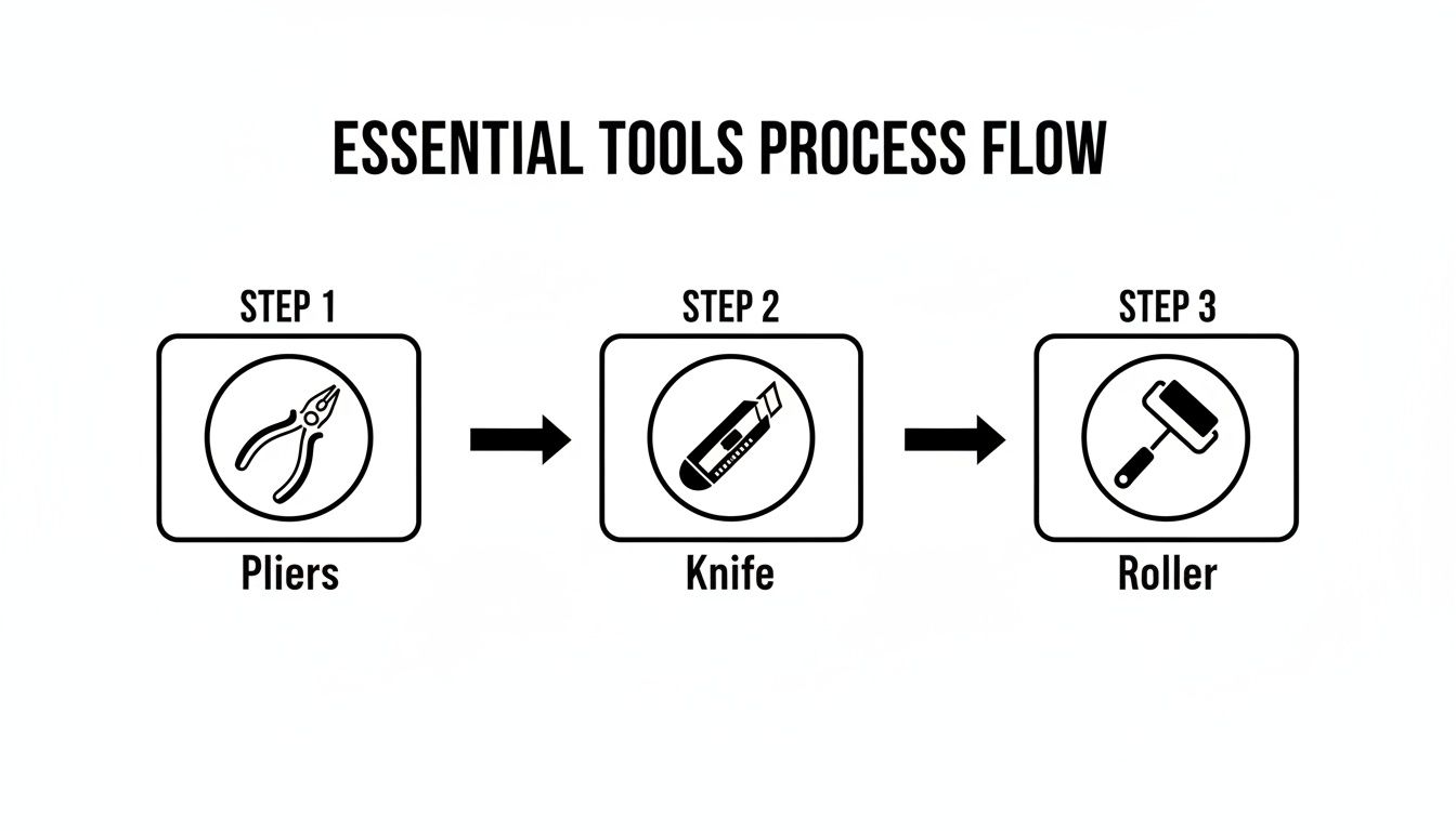 A process flow diagram titled 'Essential Tools Process Flow' showing pliers, knife, and roller in three sequential steps.