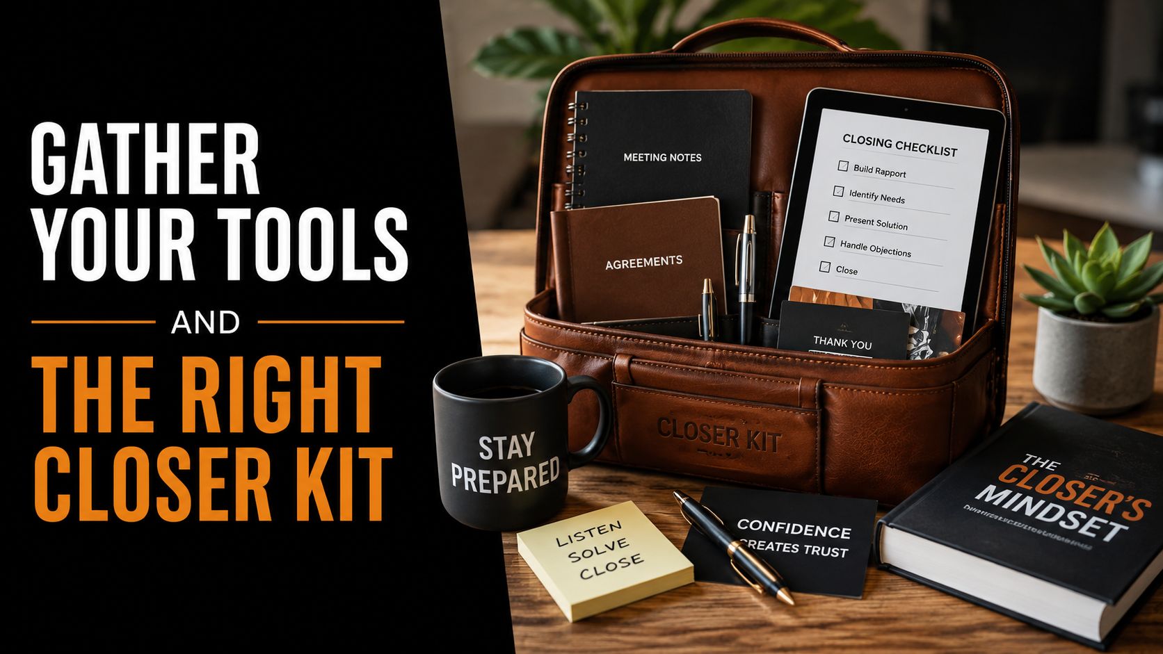A professional leather case containing business tools like a tablet, notebooks, and a motivational mug.