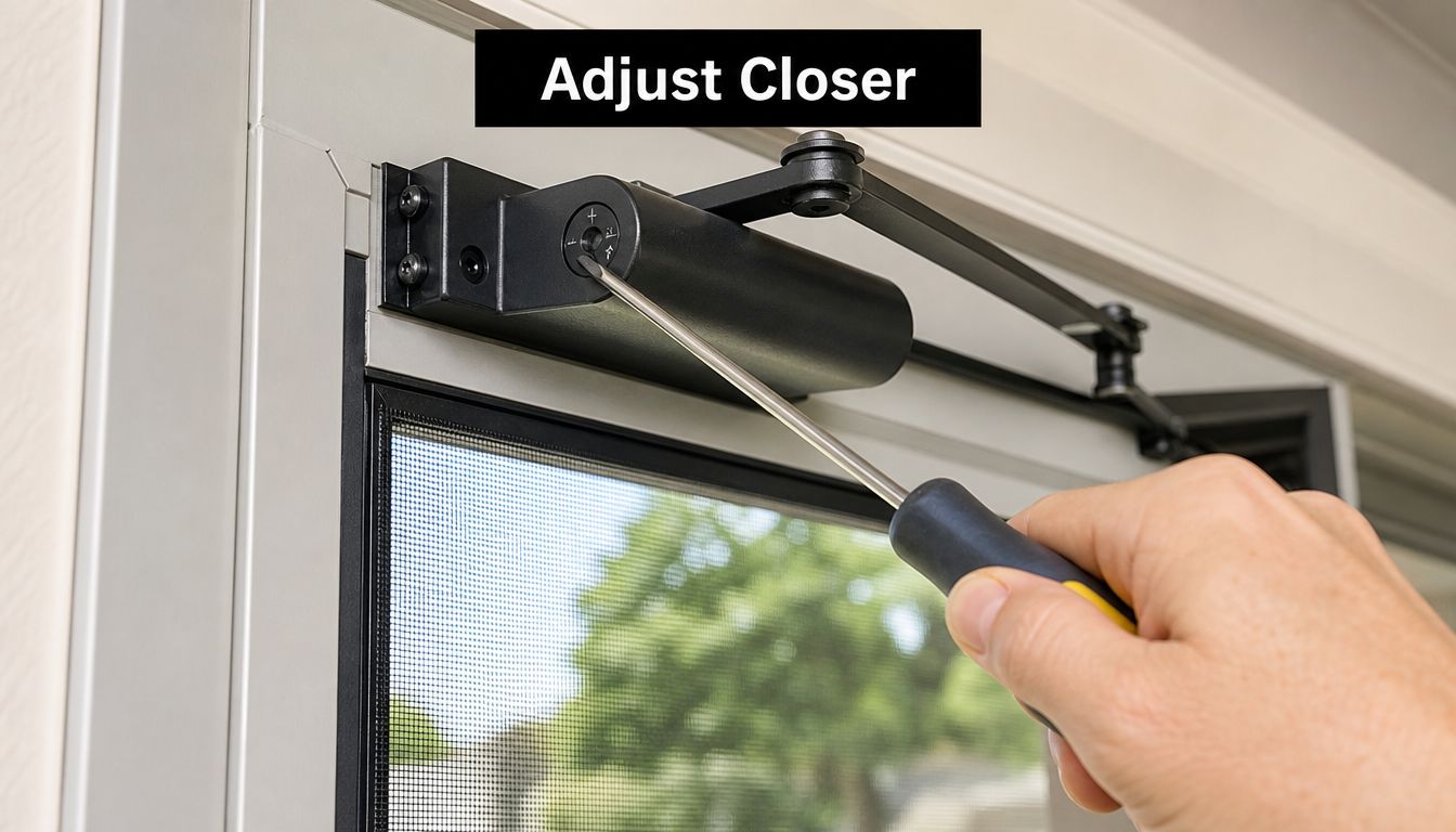 A hand using a screwdriver to adjust the tension on a black storm door closer unit.