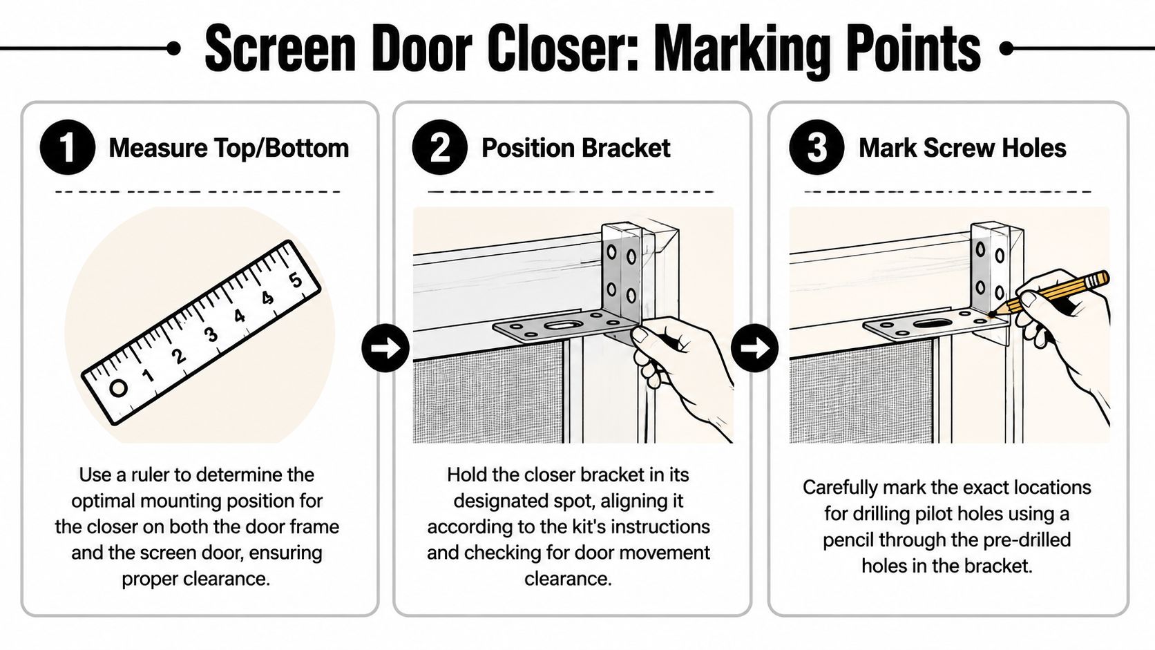 Three-step illustration showing how to measure, position, and mark holes for installing a screen door closer.