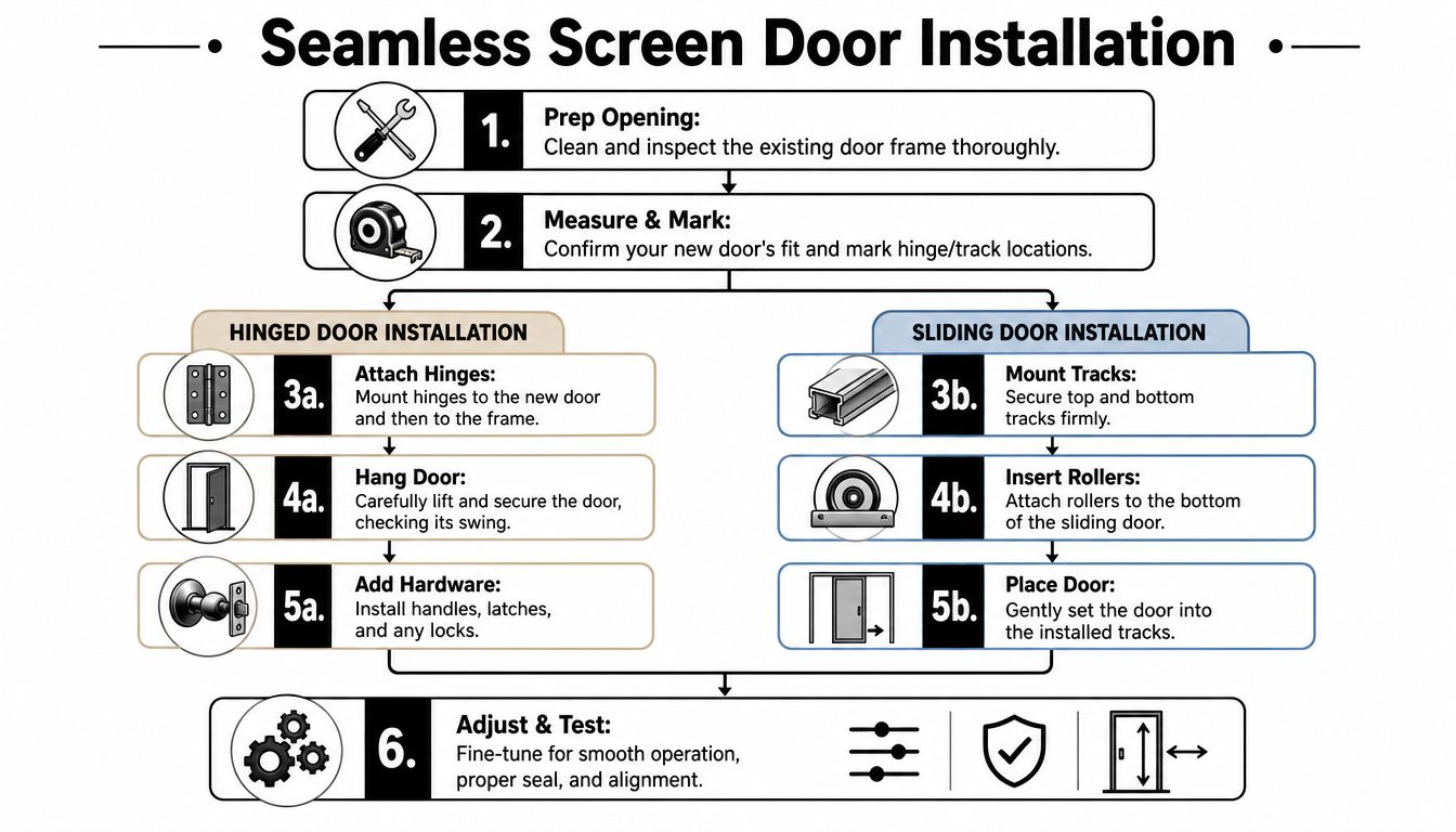 A step-by-step flowchart illustrating how to install either a hinged or sliding screen door.