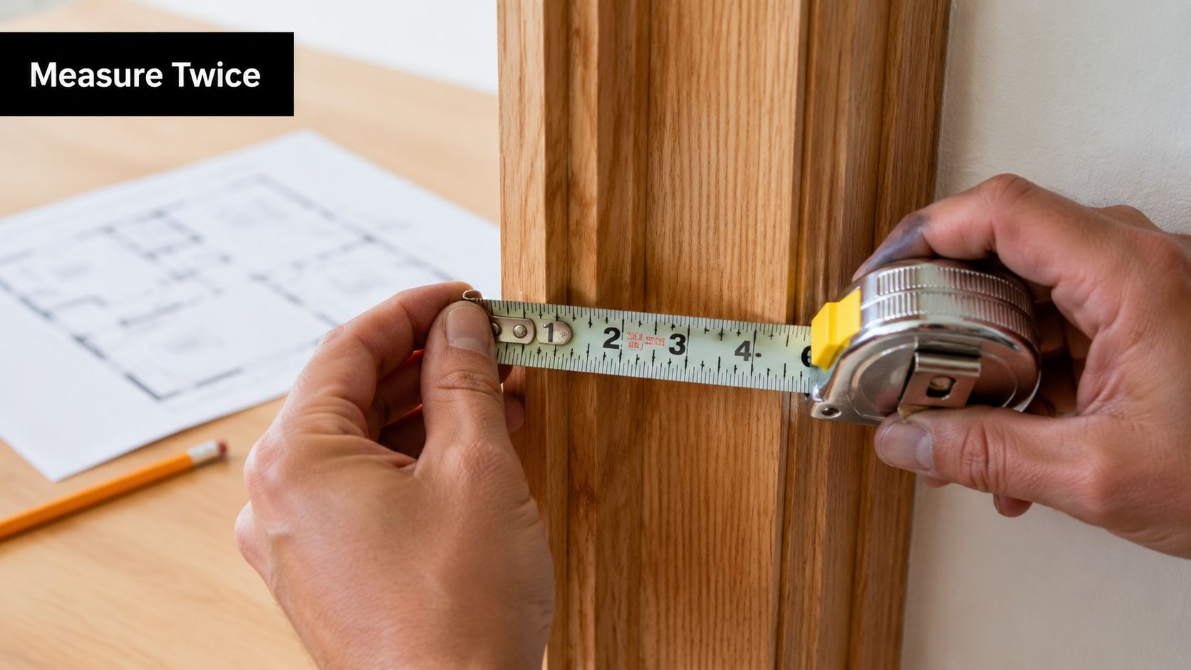 A close-up view of hands using a metal measuring tape to measure the width of a wooden doorframe.