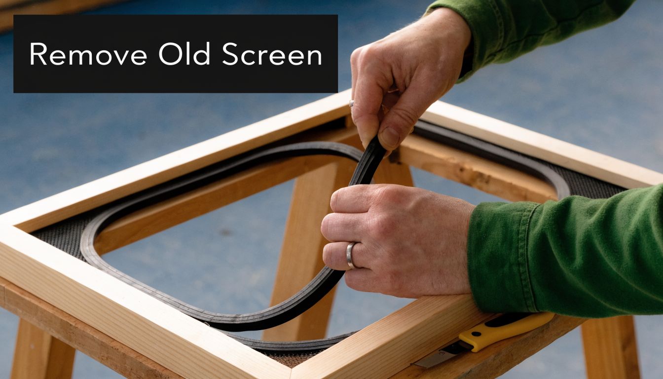 A person carefully removing the rubber spline from a wooden window screen frame to replace the mesh.