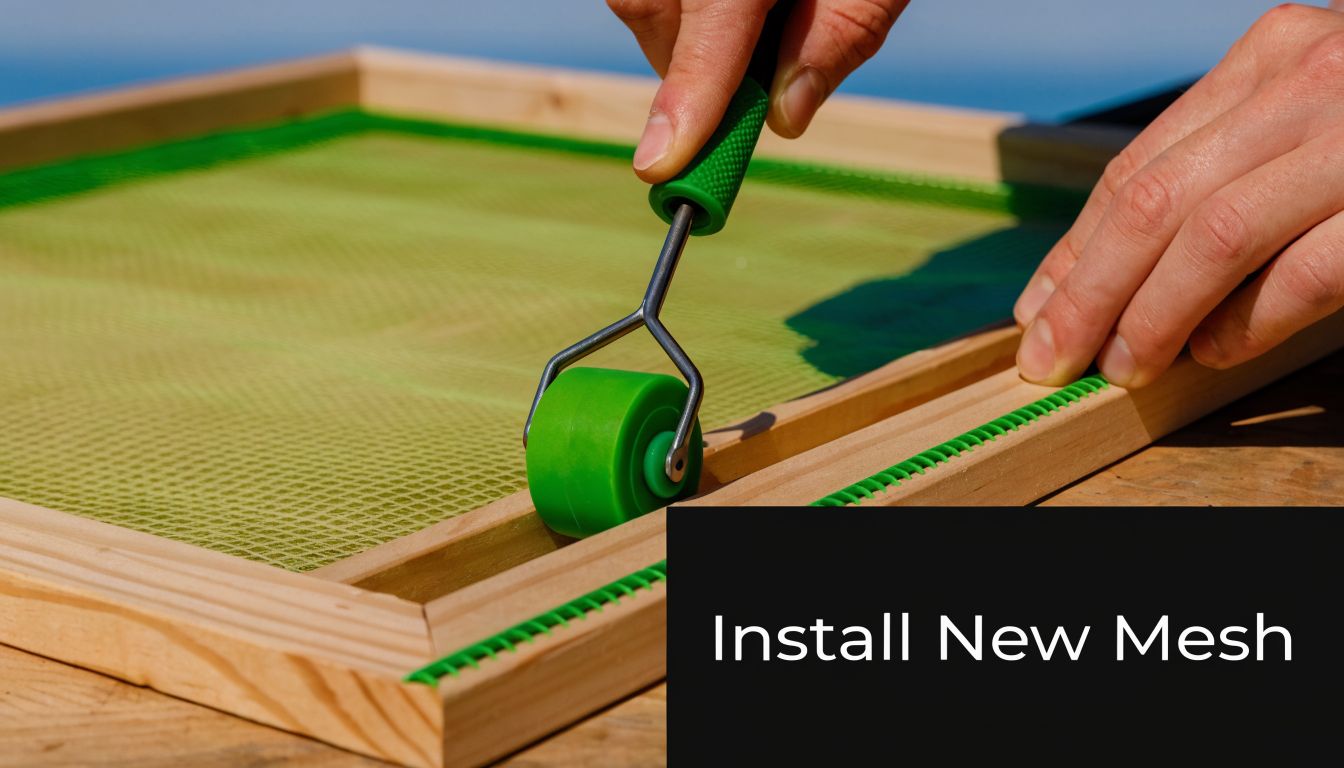 A close-up of a person using a green rolling tool to install screen mesh onto a wooden frame.