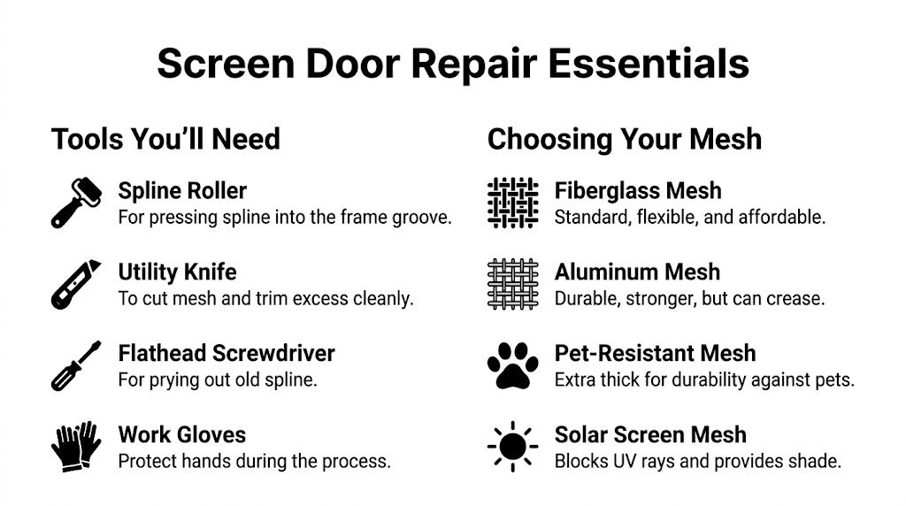 An infographic titled Screen Door Repair Essentials listing necessary tools and types of replacement mesh.
