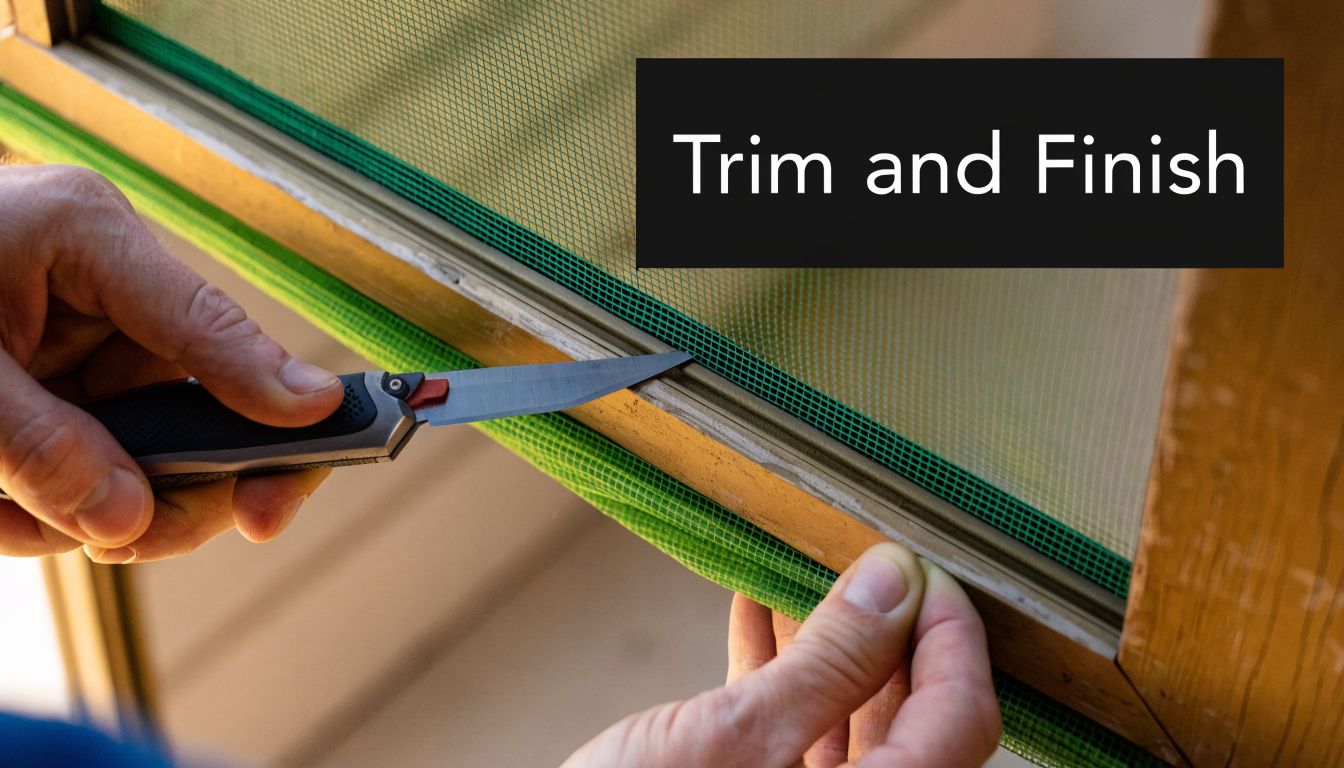 A person using a utility knife to carefully trim excess green screen mesh from a door frame.