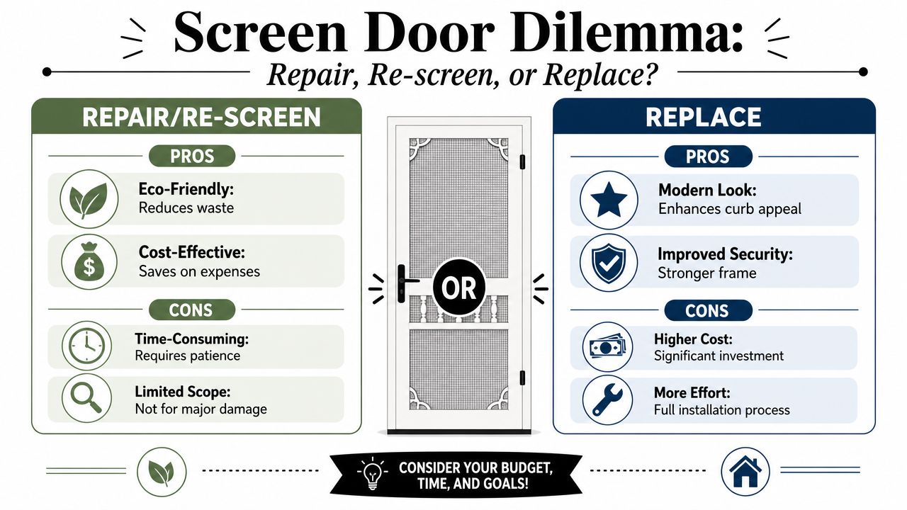An infographic comparing the pros and cons of repairing a screen door versus replacing it entirely.