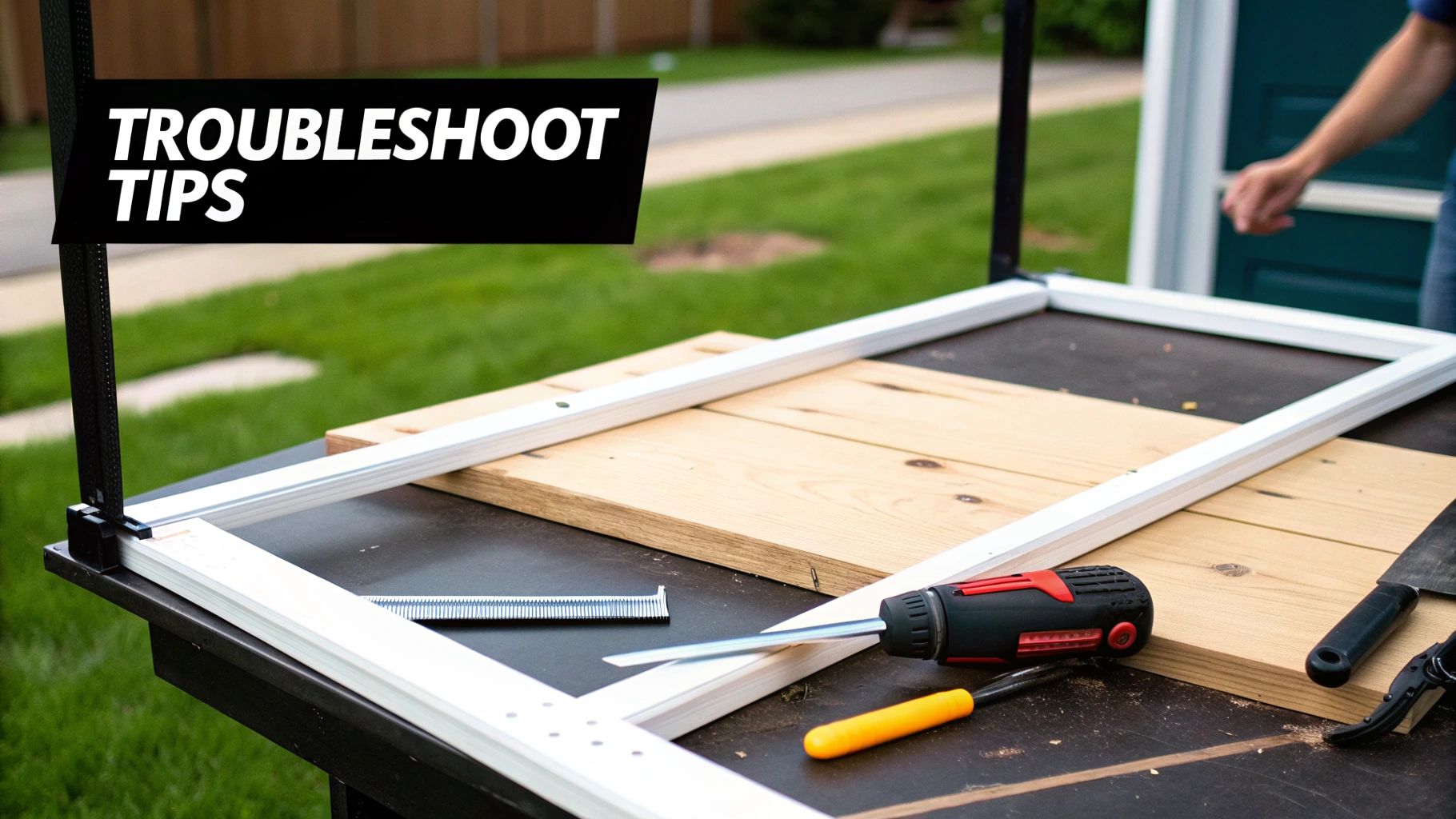 A screen door frame, tools, and wood on a workbench with a 'Troubleshoot Tips' banner.