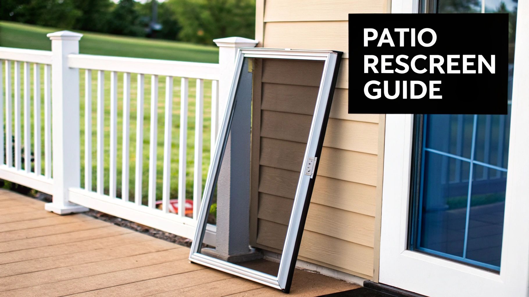 A screen door leaning against a house wall on a wooden patio with a white railing. Text: PATIO RESCREEN GUIDE.