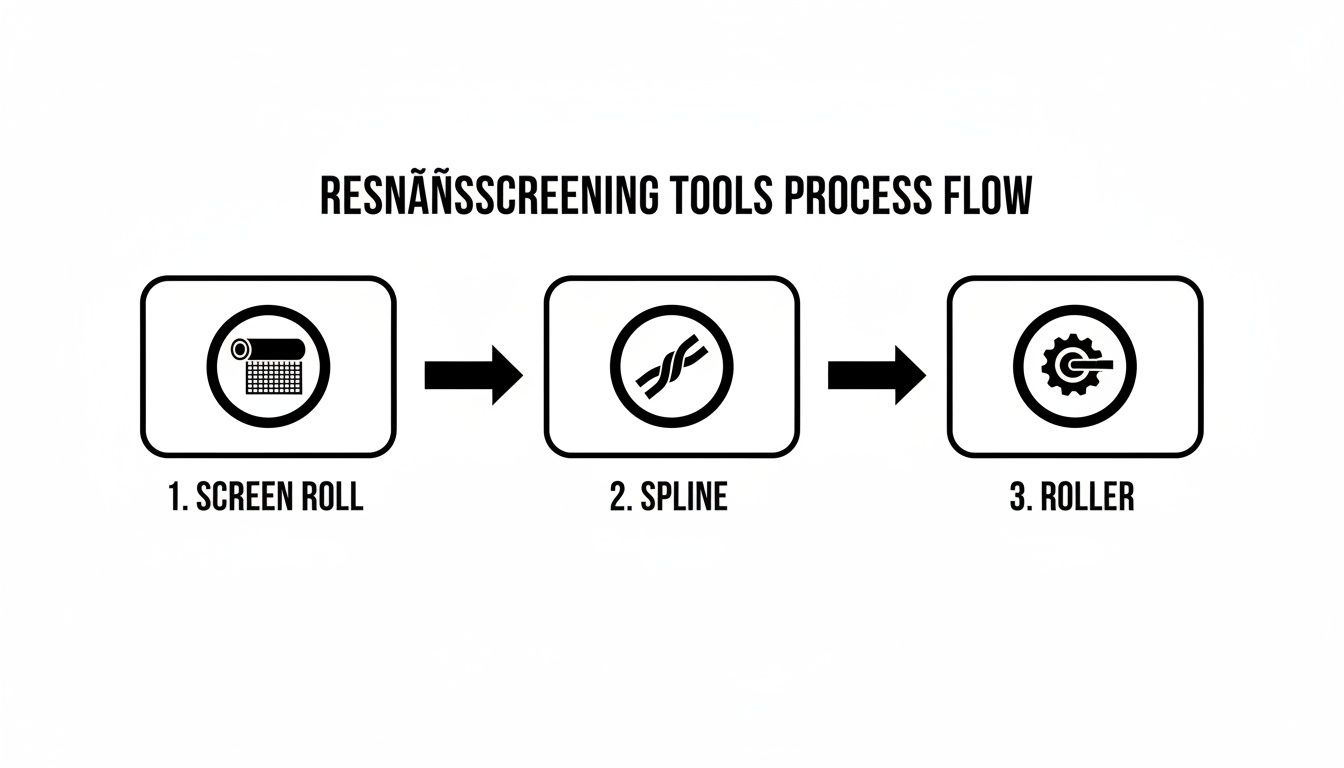 Process flow diagram showing three essential tools for rescreening: screen roll, spline, and roller.