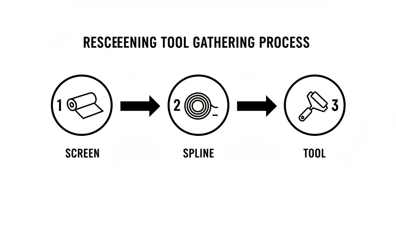 Diagram illustrating the rescreening tool gathering process: screen, spline, and a specialized tool.