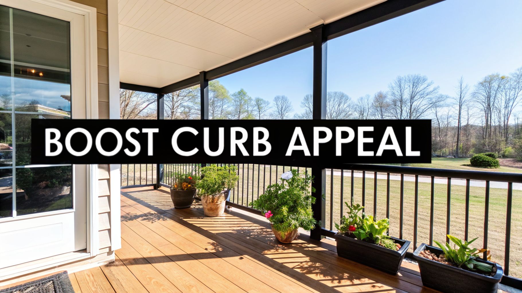 A welcoming screened porch with potted plants and wooden floor, emphasizing boosted curb appeal.