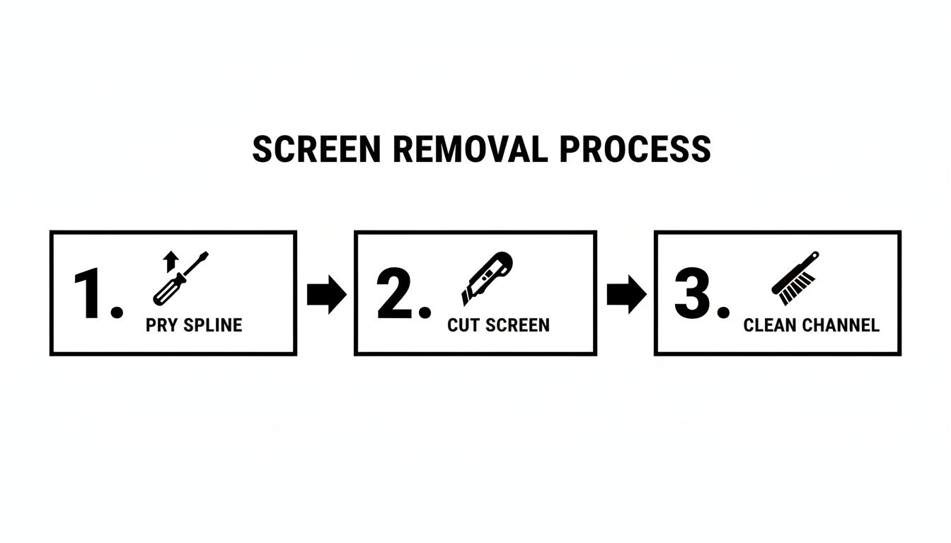 Three-step diagram showing the screen removal process: pry spline, cut screen, and clean channel.