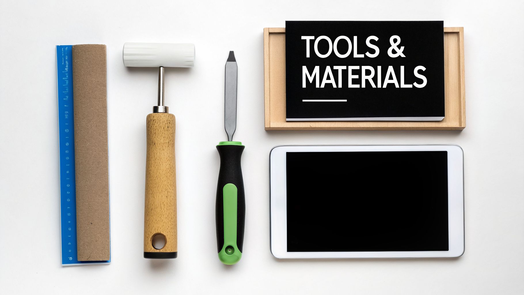 A flat lay of various tools including a ruler, mallet, chisel, notebook, and tablet.