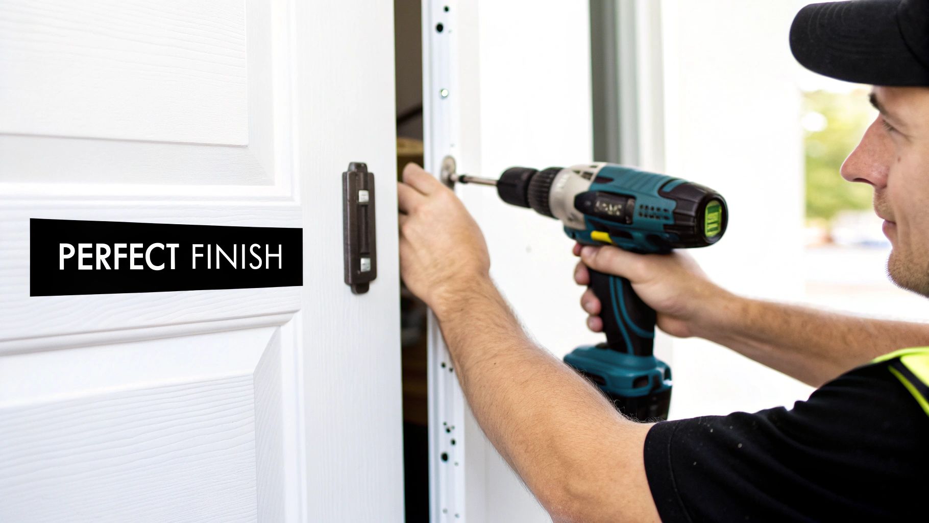 A skilled worker uses a power drill to install a white door, ensuring a perfect finish.