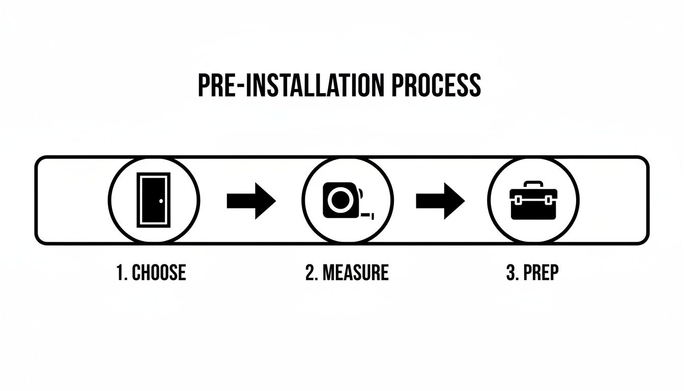 Three-step pre-installation process diagram showing choosing, measuring, and preparing tasks with icons.