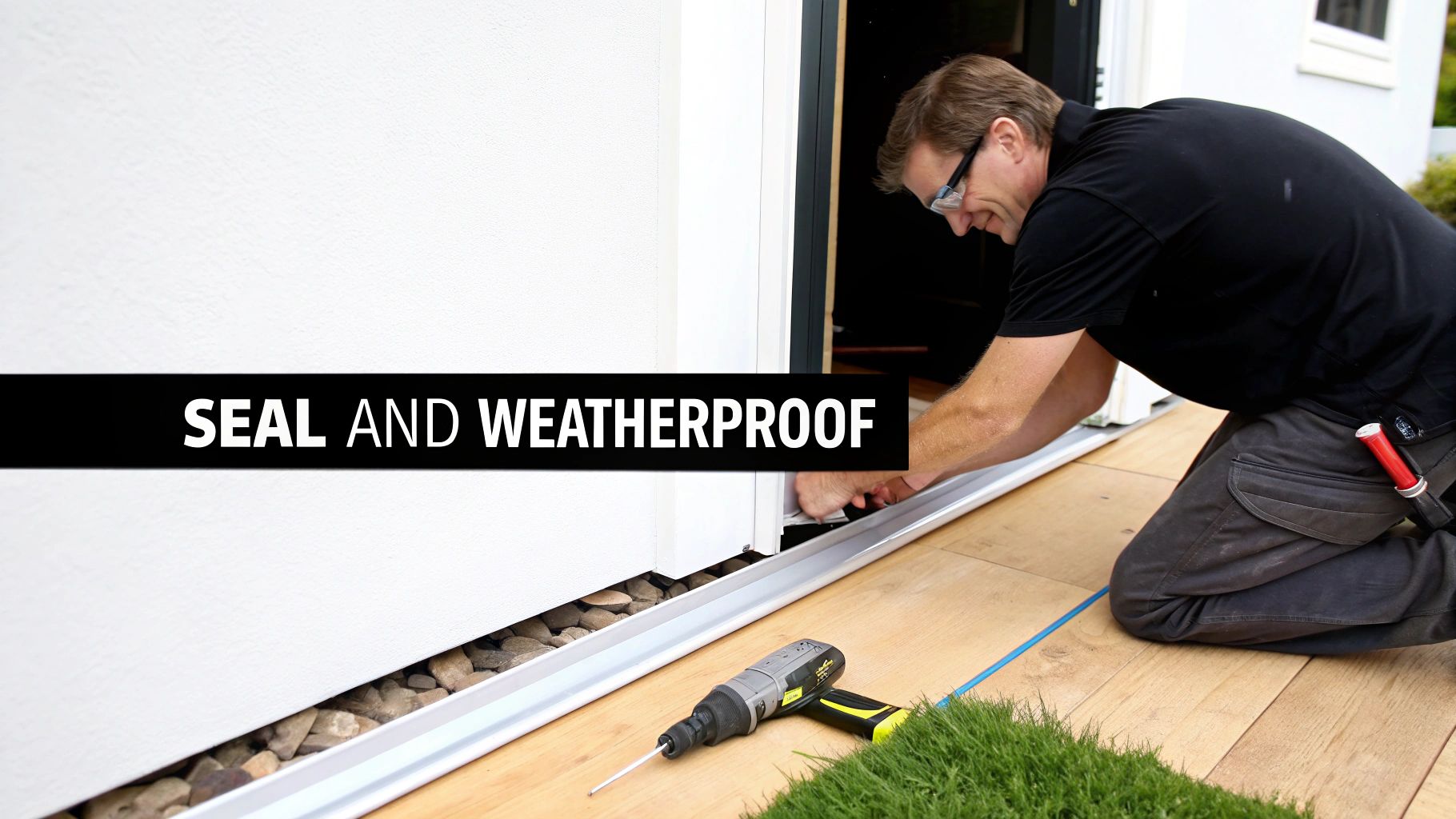A man wearing safety glasses installing a weather seal at the bottom of a white door.