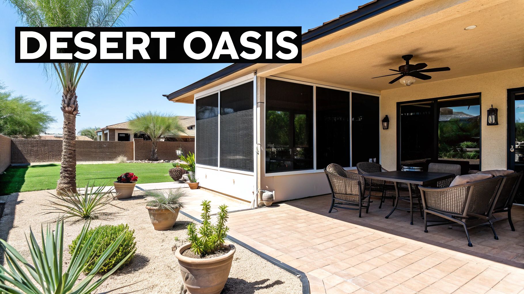A desert backyard featuring a screened patio with outdoor furniture, a palm tree, and green lawn.