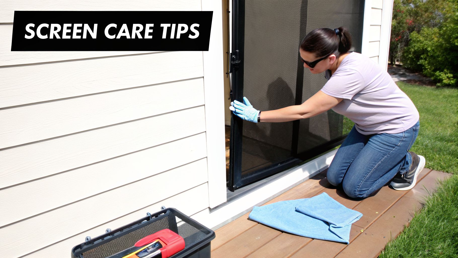 A person in blue gloves kneels to clean a black screen door, with text 'SCREEN CARE TIPS'.