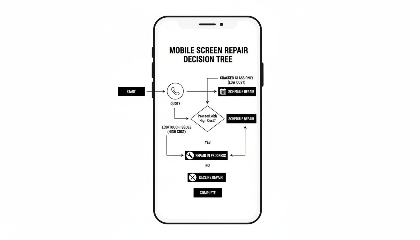 A mobile screen repair decision tree flowchart detailing steps from quote to repair or decline.