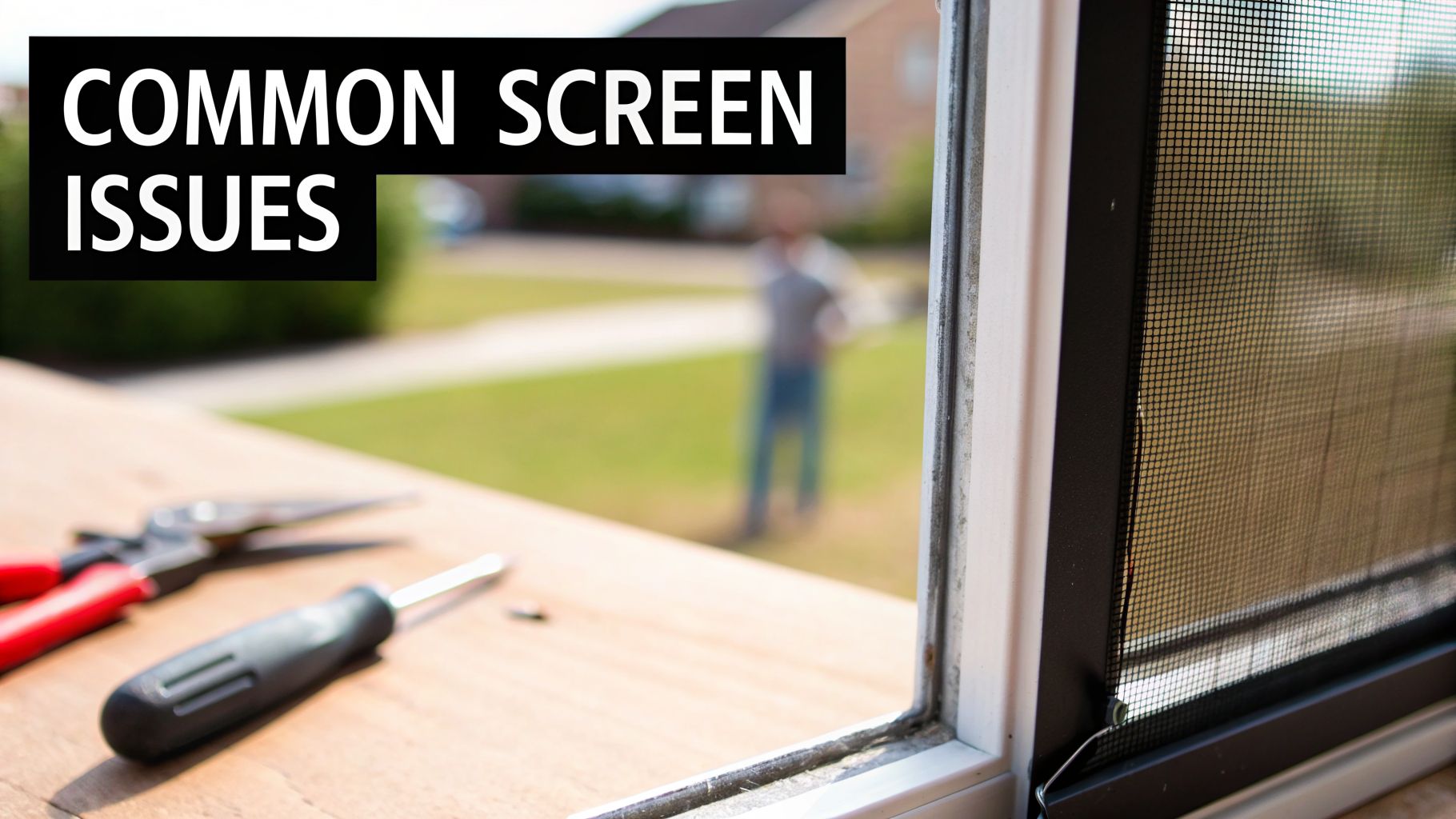 Close-up of a damaged window screen with repair tools, highlighting common screen issues.