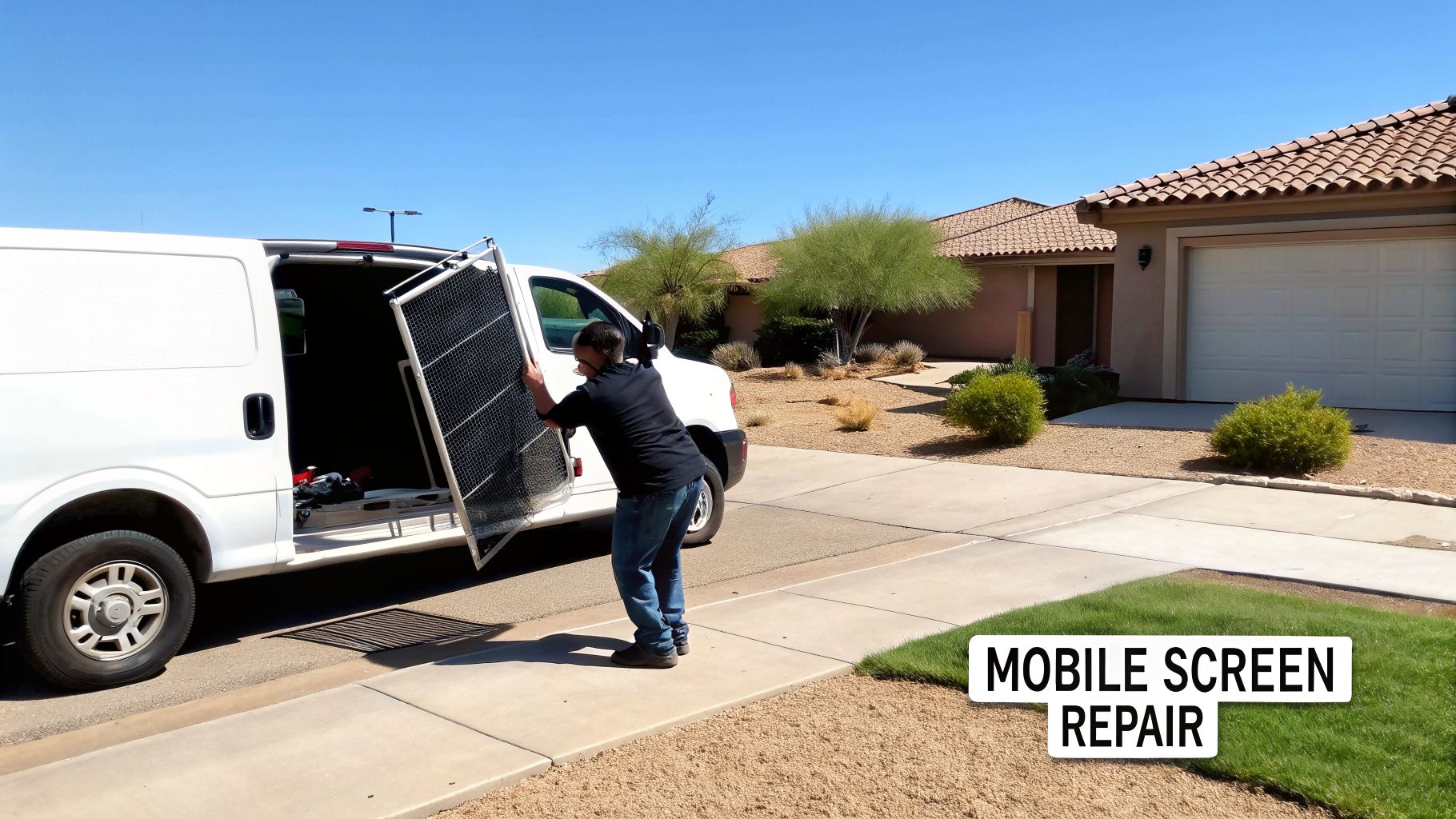 A man loads a large window screen into a white mobile repair van in a residential driveway.