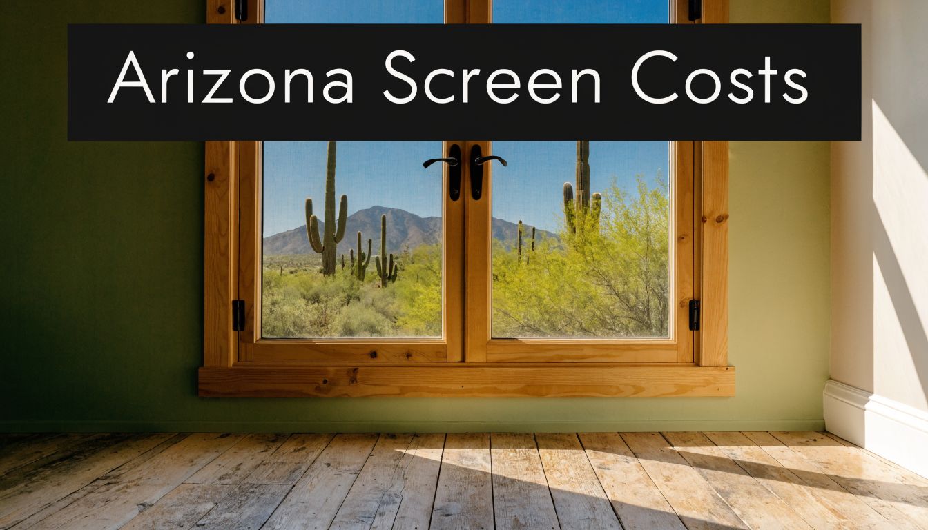 A wooden window frame looking out over an Arizona desert landscape with cacti and mountains.