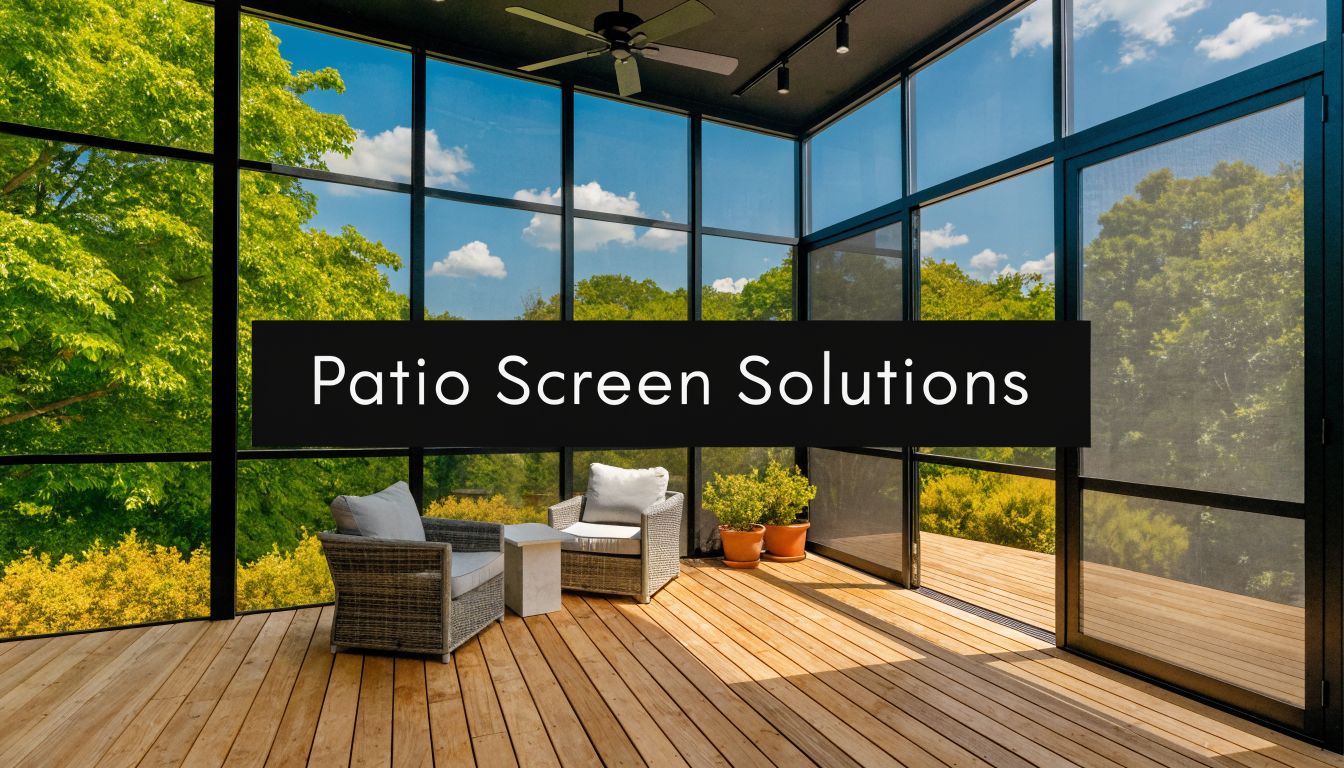 A serene screened-in patio with wooden deck flooring, modern wicker furniture, and lush green forest views.