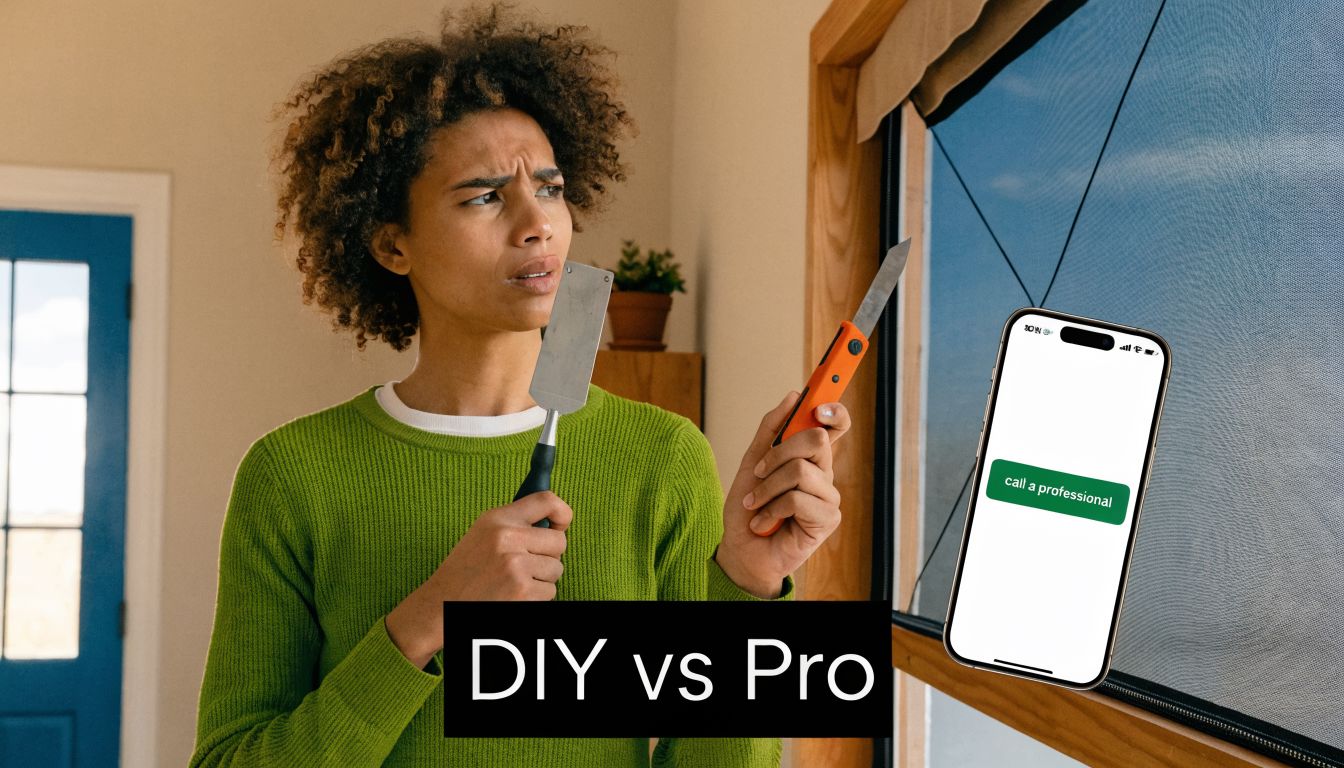A confused person holding DIY tools while considering whether to hire a professional for screen repair.