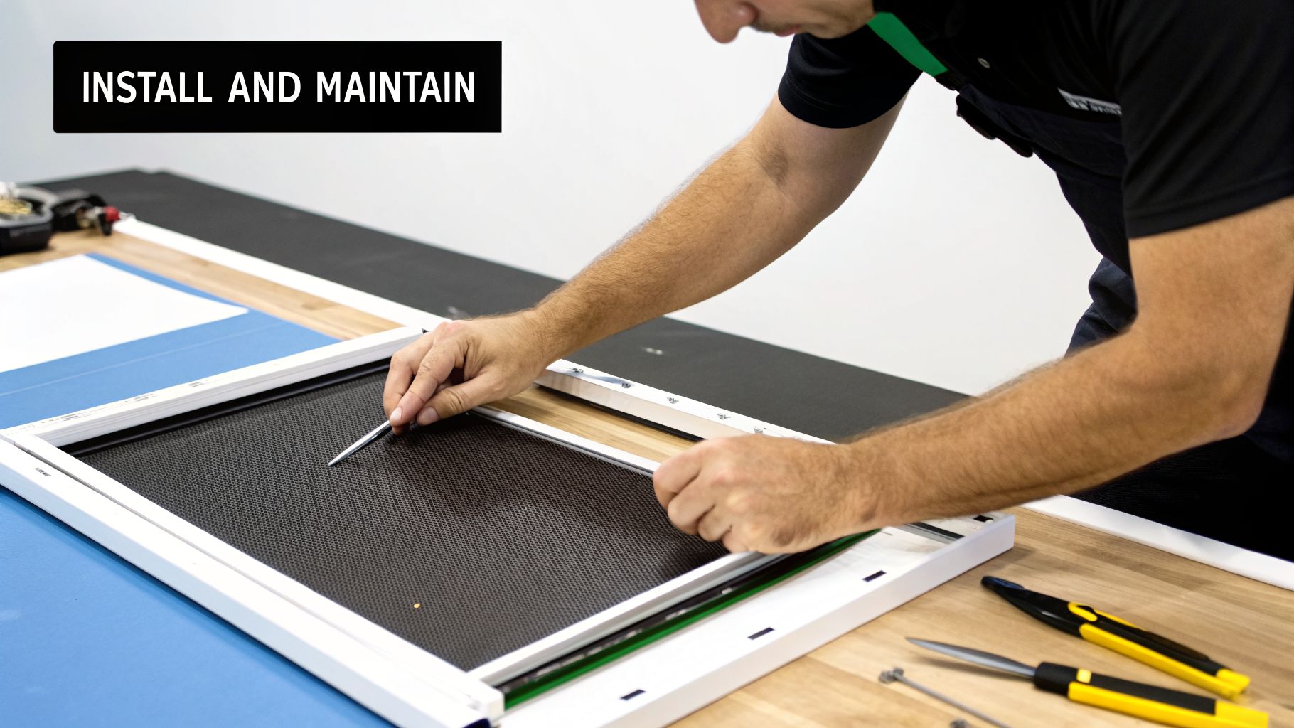 A person's hands installing a dark mesh screen into a white frame on a workbench.