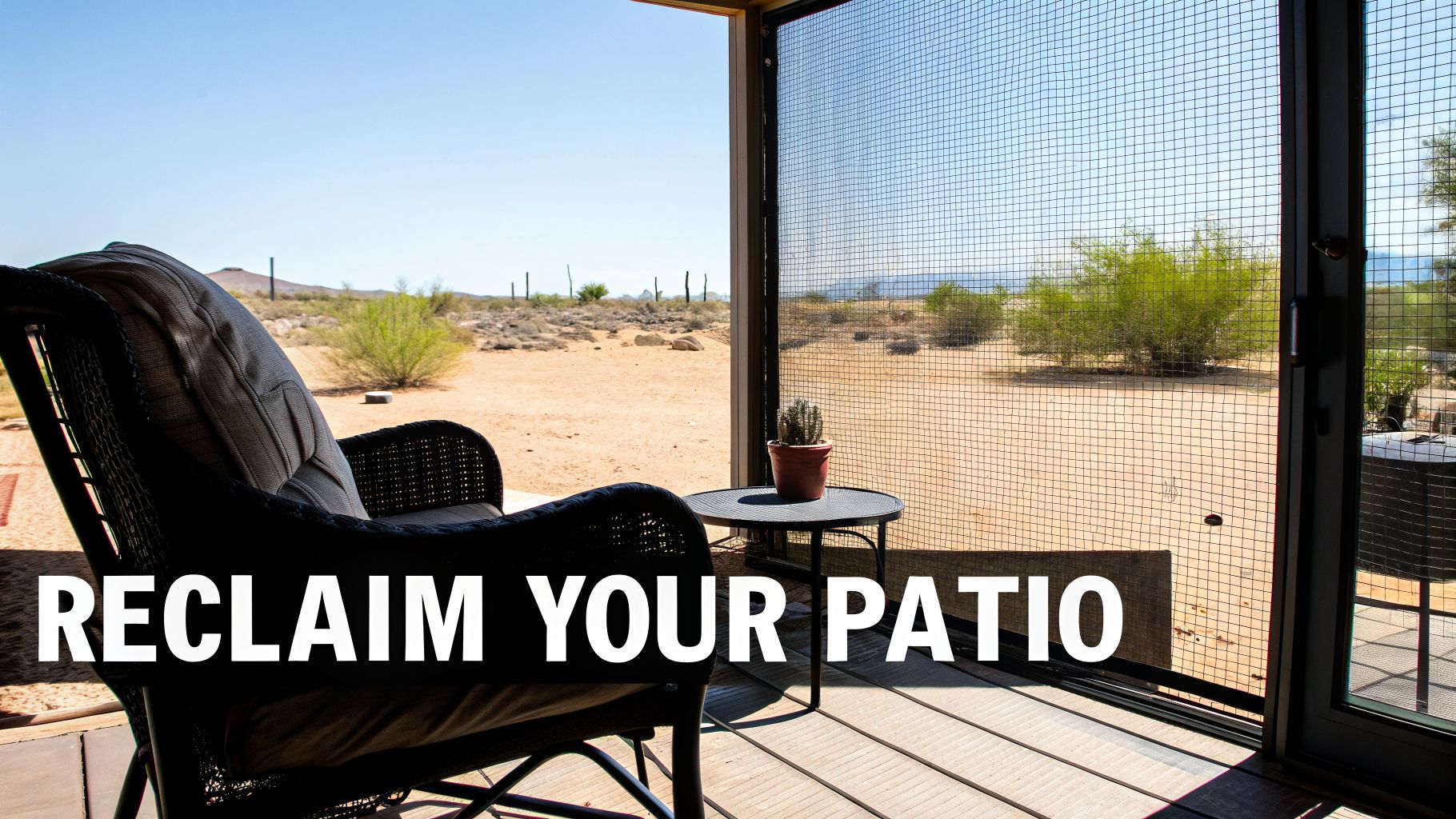A screened patio offers a comfortable chair, small table with a cactus, overlooking a desert landscape.