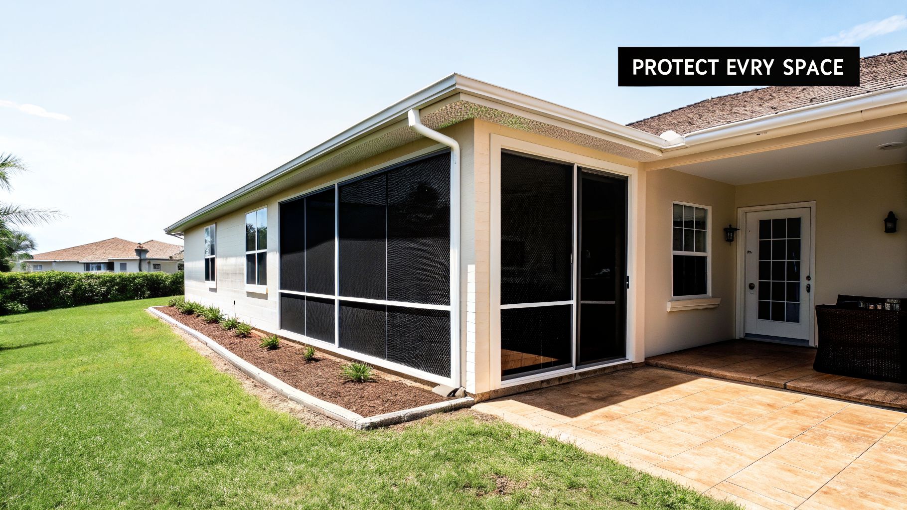 Exterior view of a house featuring a screened porch, green lawn, and tiled patio.