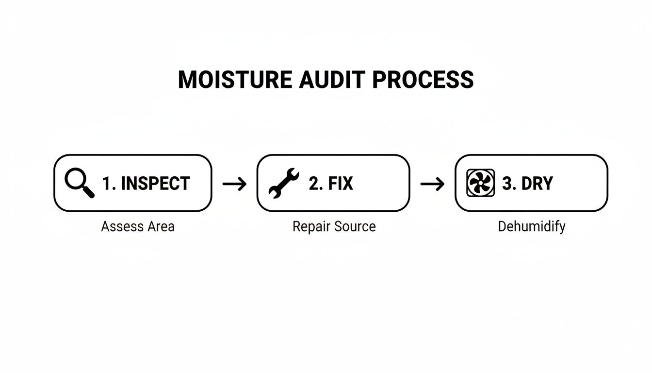 Flowchart showing the three-step moisture audit process: Inspect, Fix, and Dry to resolve dampness.