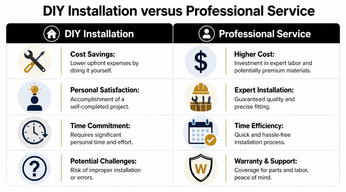 A comparison chart outlining the pros and cons of DIY installation versus professional service for home projects.