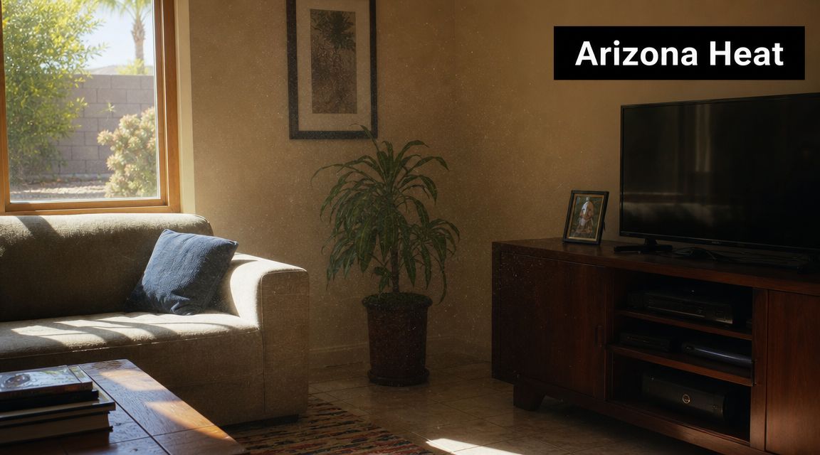 A living room interior featuring a sunlit beige couch, a green plant, and a wooden media console.