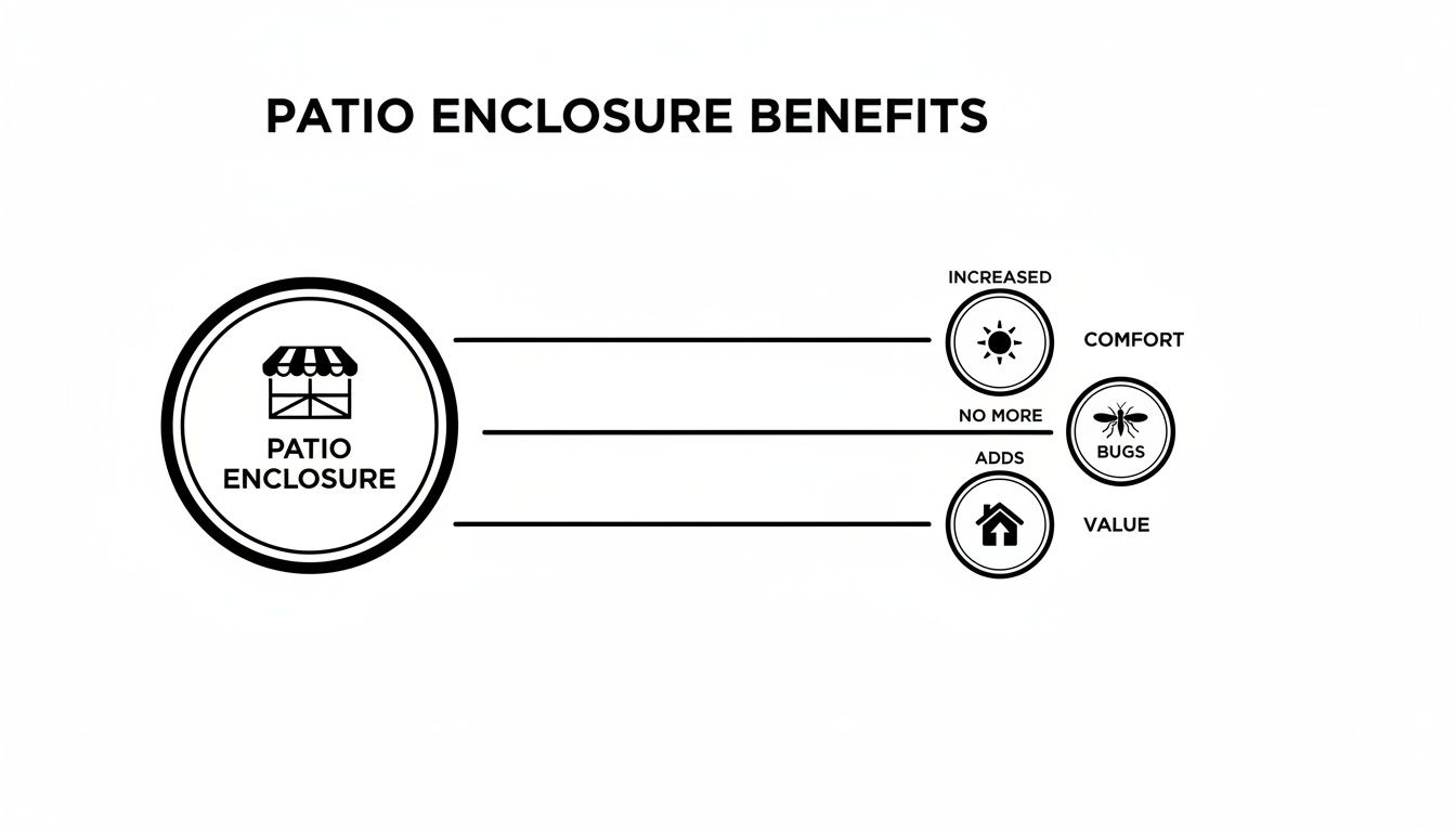 Infographic showing the benefits of a patio enclosure: increased comfort, no more bugs, and added home value.