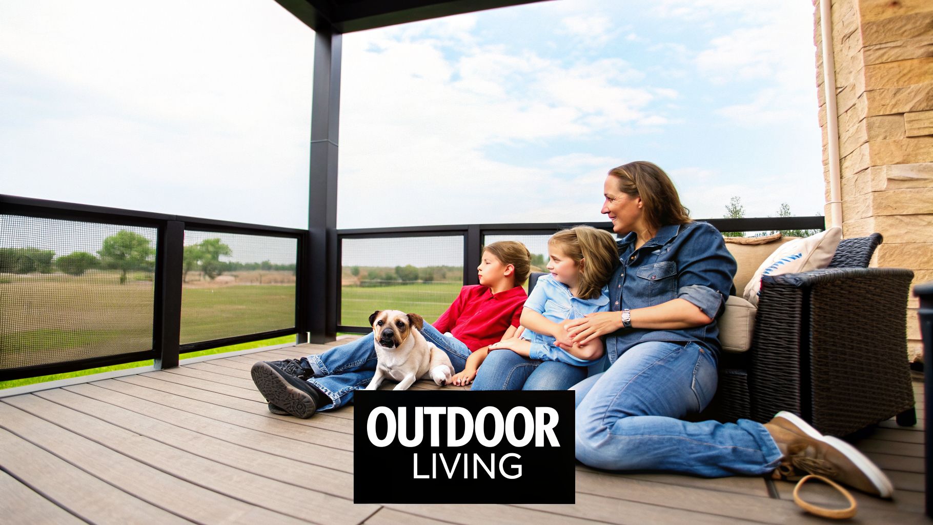 Mother, two children, and a dog relaxing on a screen-enclosed patio with a wide field view.