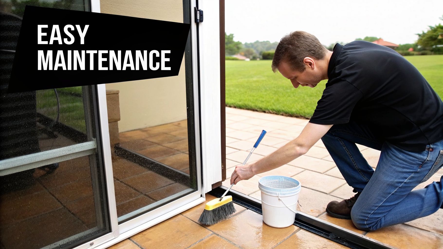 A man demonstrates easy maintenance by cleaning a patio screen door track with a brush and bucket.