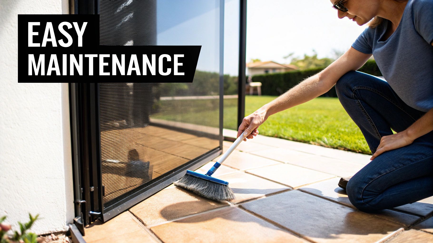 A person sweeps a tiled patio next to a modern screen door, highlighting easy maintenance.
