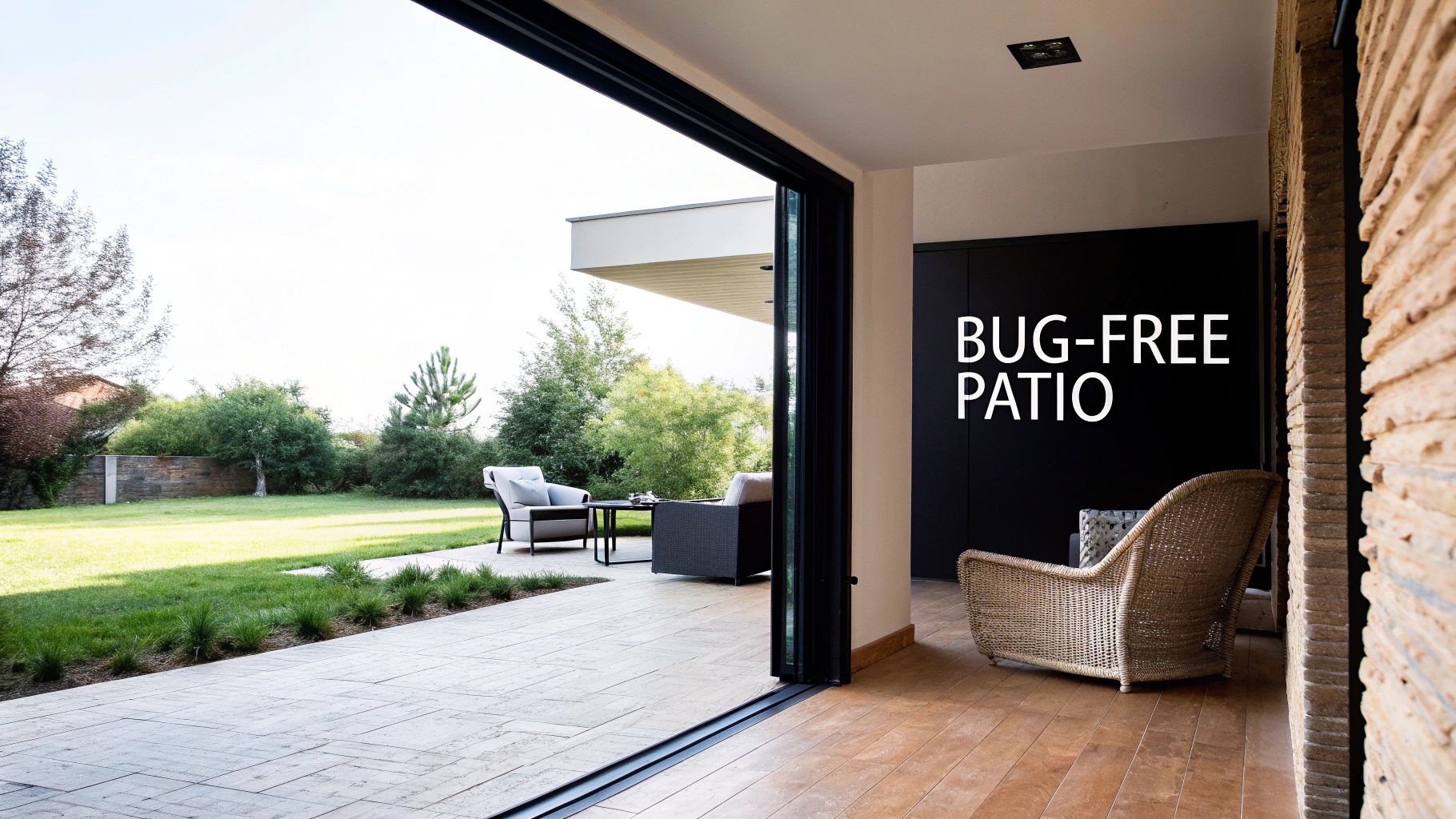A view from a modern home's open patio looking out onto a green lawn with stylish outdoor seating.