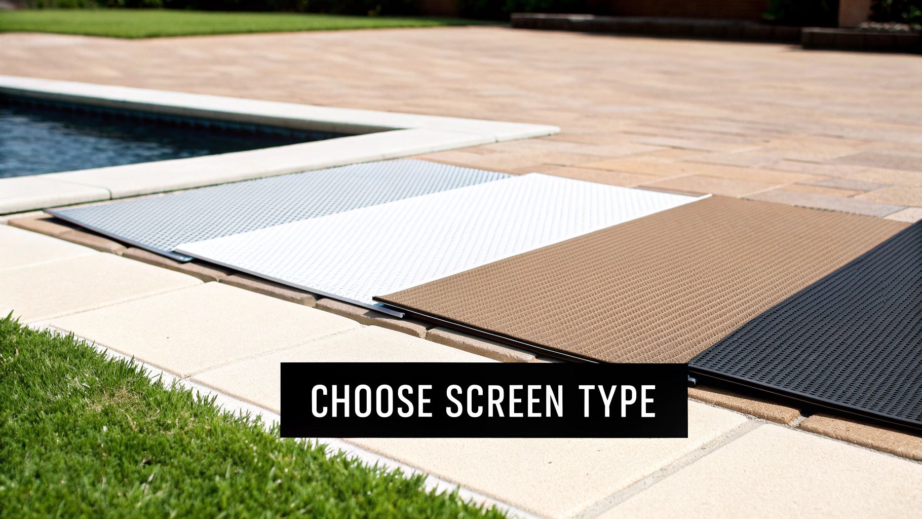 Various screen material samples in silver, white, brown, and black displayed on a patio by a pool.