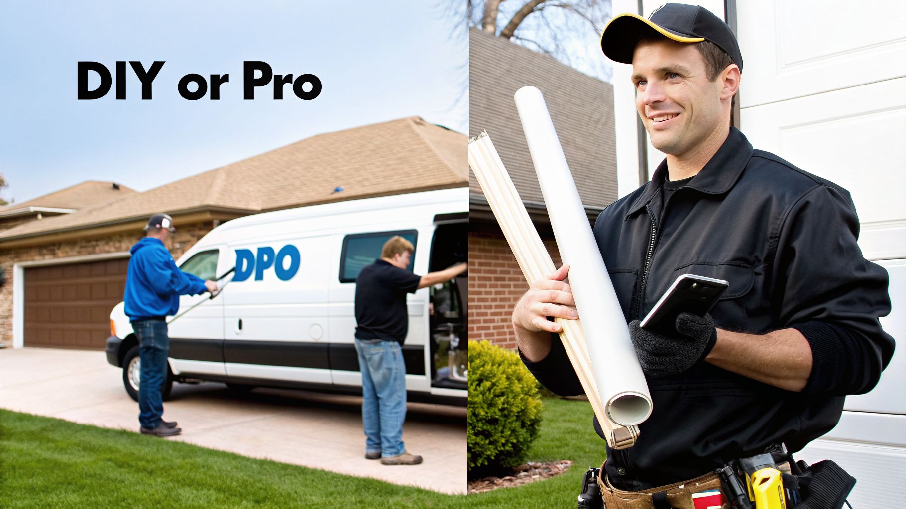 Image split between men working on a van and a professional holding pipes, illustrating DIY vs Pro.