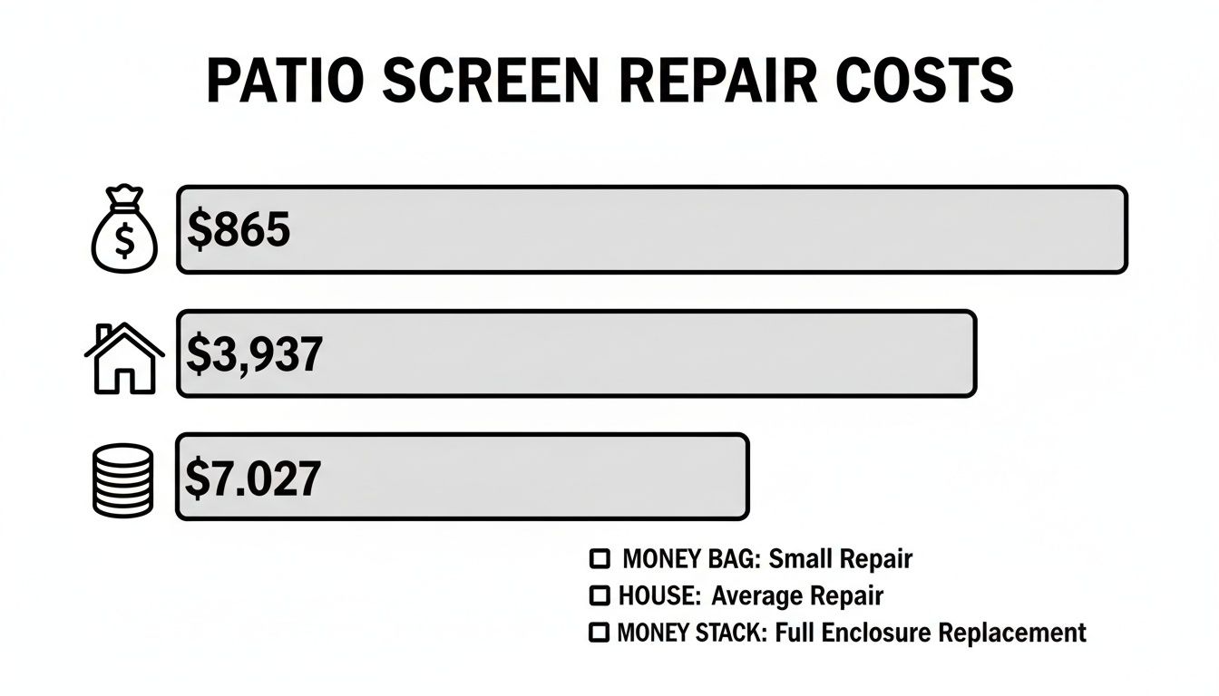 Image displays a breakdown of patio screen repair costs, from small repairs to full enclosure replacement.