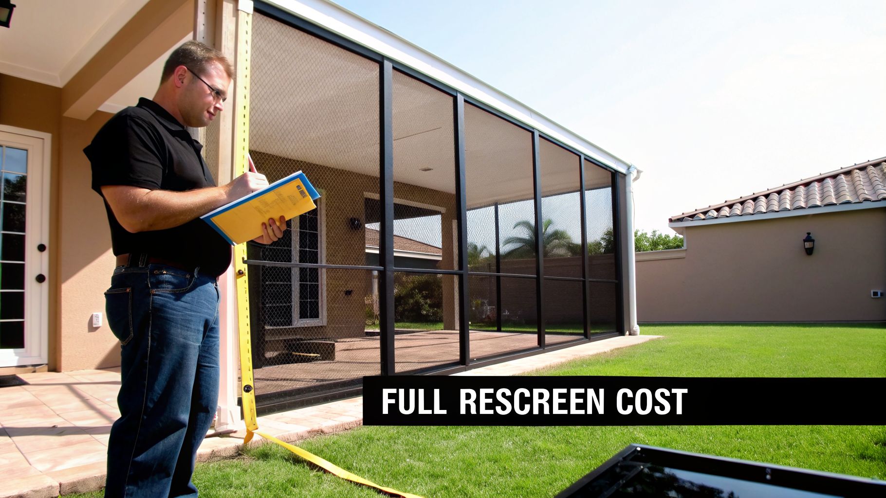 A man in glasses takes notes next to a large screened patio enclosure, discussing repair costs.