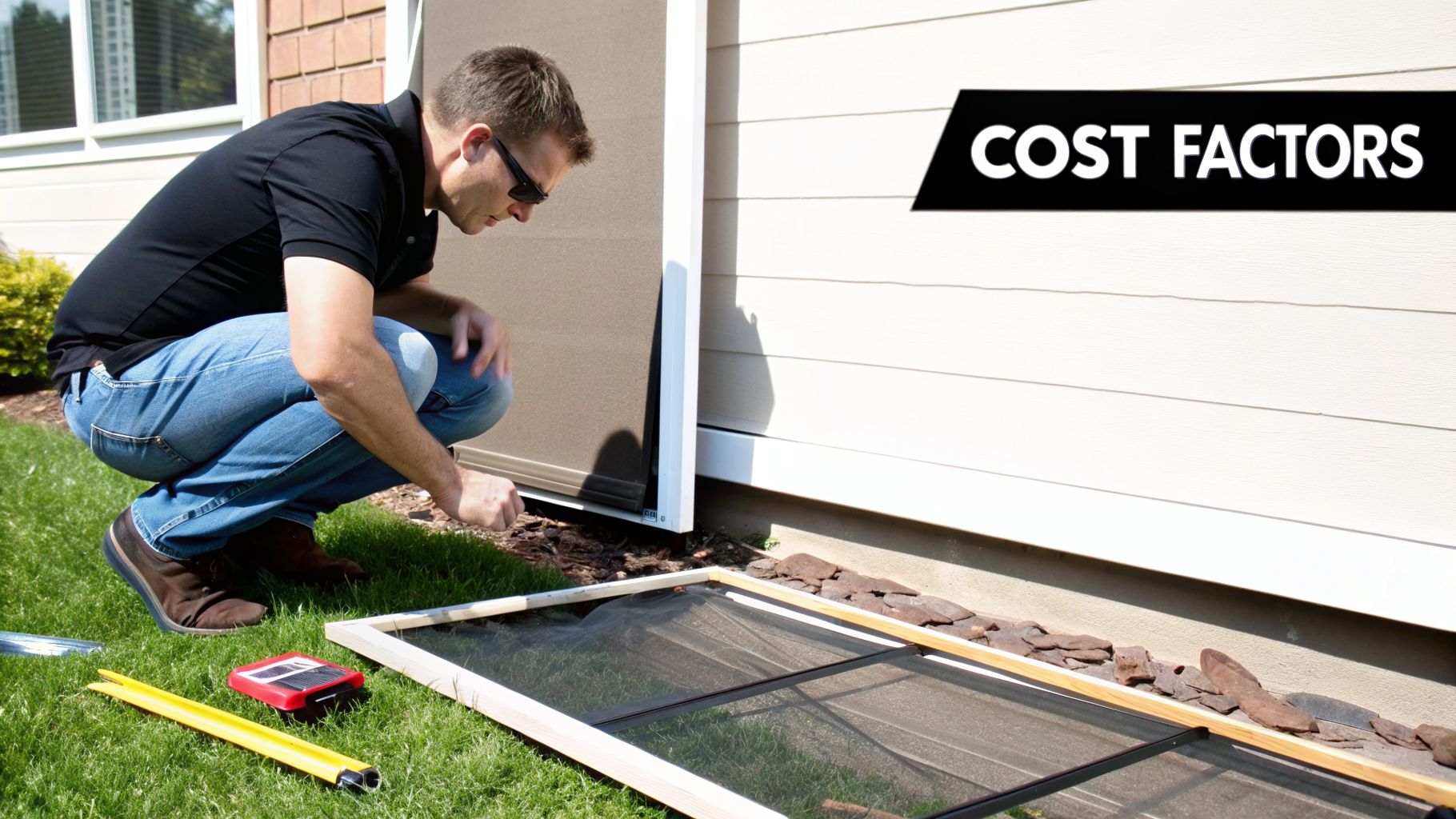 A man in sunglasses squats, repairing a screen door or window screen next to a house.